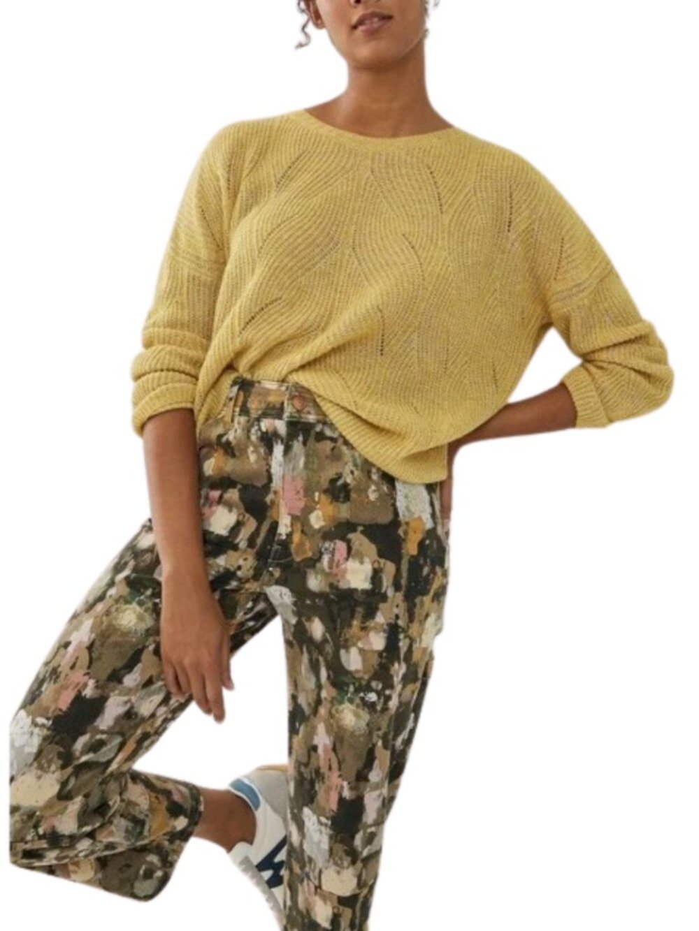 Anthropologie Keely Cable-Knit Sweater Pullover Women's Large Yellow Open Knit